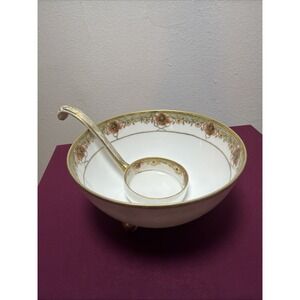 Antique Nippon Porcelain Hand Painted Footed Condiment Bowl with Matching Ladle
